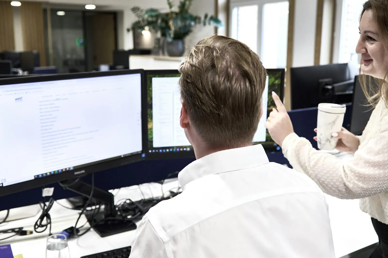 Two colleagues reviewing a system on office monitors.